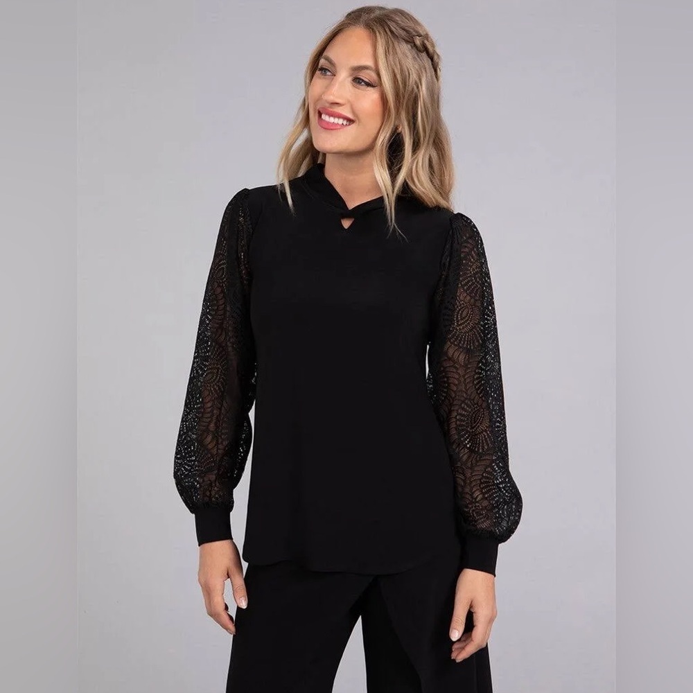 SYMPLI Mix Lace Twist Neck Long Sleeves Black Lagenlook Top 3245-3 NWT Size 14